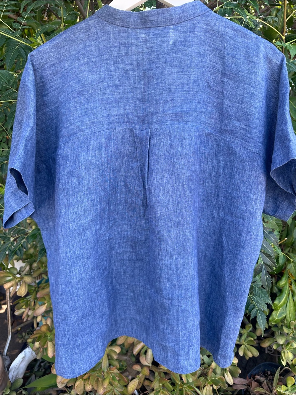Eileen Fisher Blue Blueberry Organic Linen Short-Sleeve Button-Front Top - Picture 5 of 5